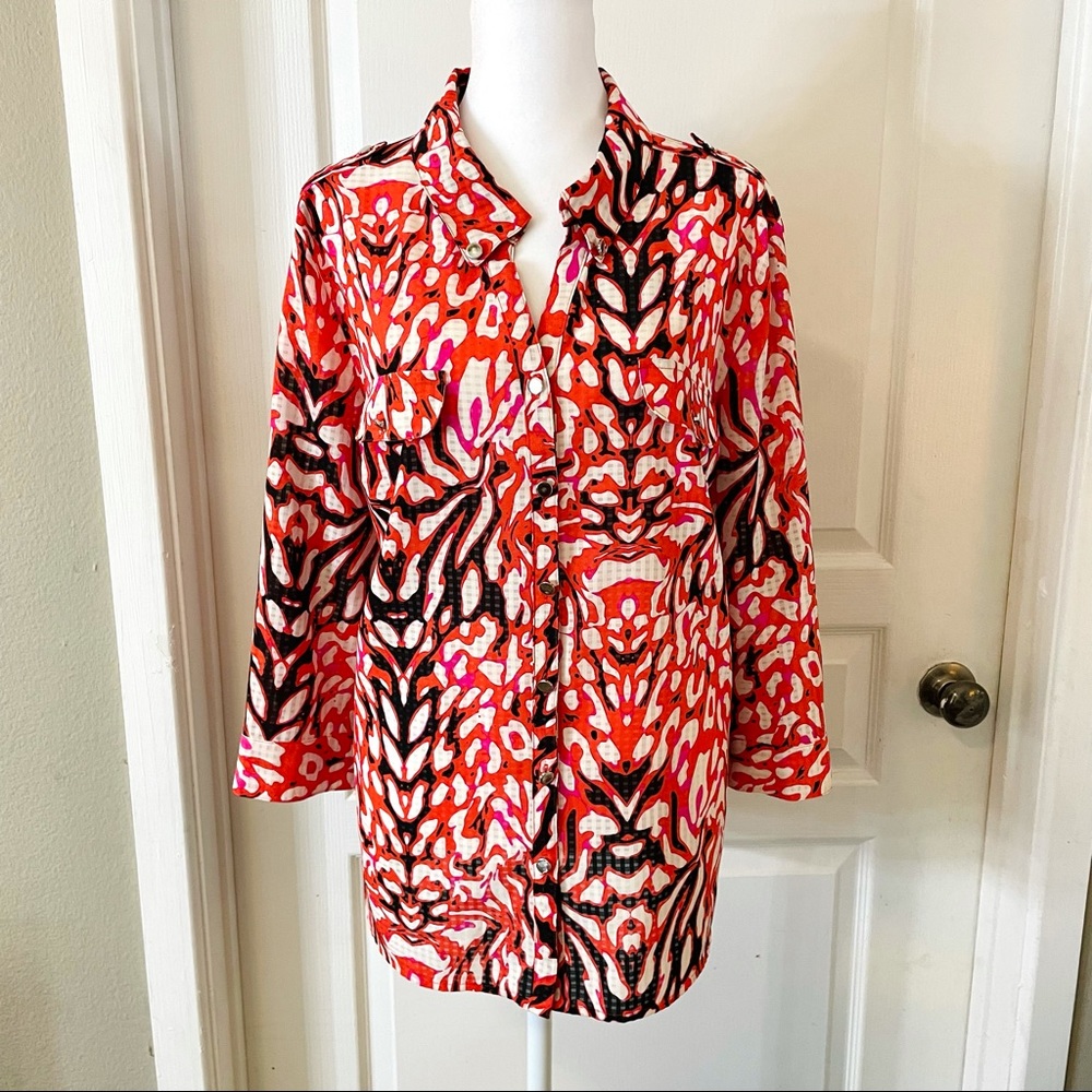 NY Collection orange/pink button up blouse